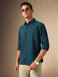 Men's Teal Blue Textured Spread Collar Full Sleeves Casual Shirt