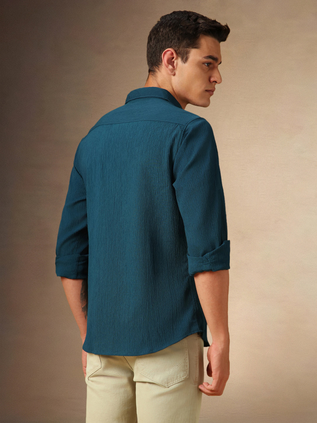 Men's Teal Blue Textured Spread Collar Full Sleeves Casual Shirt