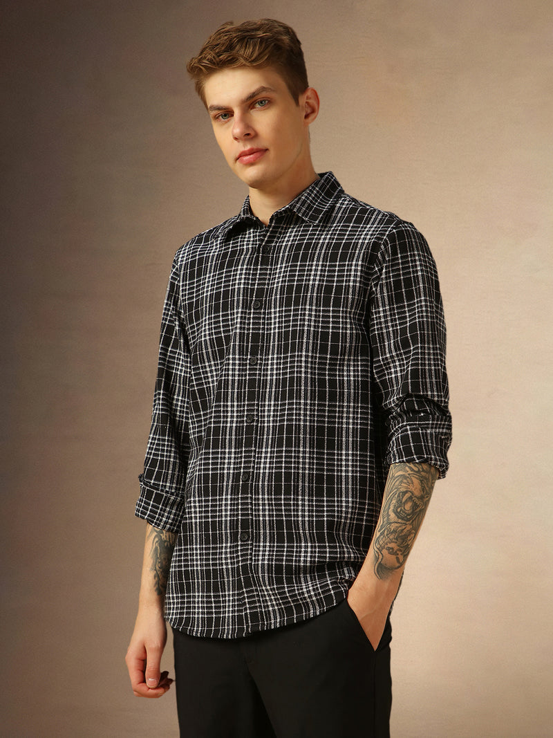 Men's Black Checks Spread Collar Full Sleeves Shirt