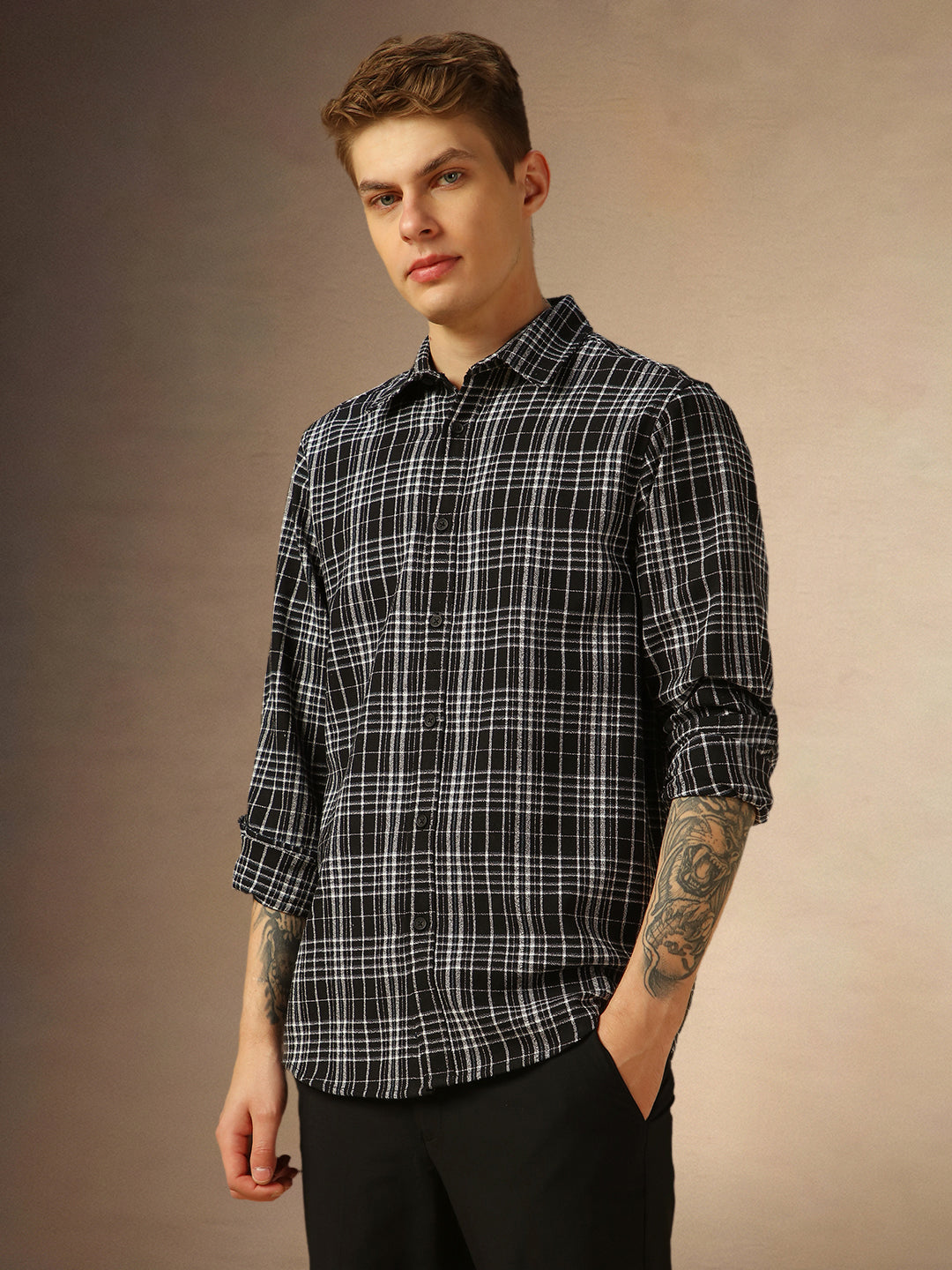 Men's Black Checks Spread Collar Full Sleeves Shirt