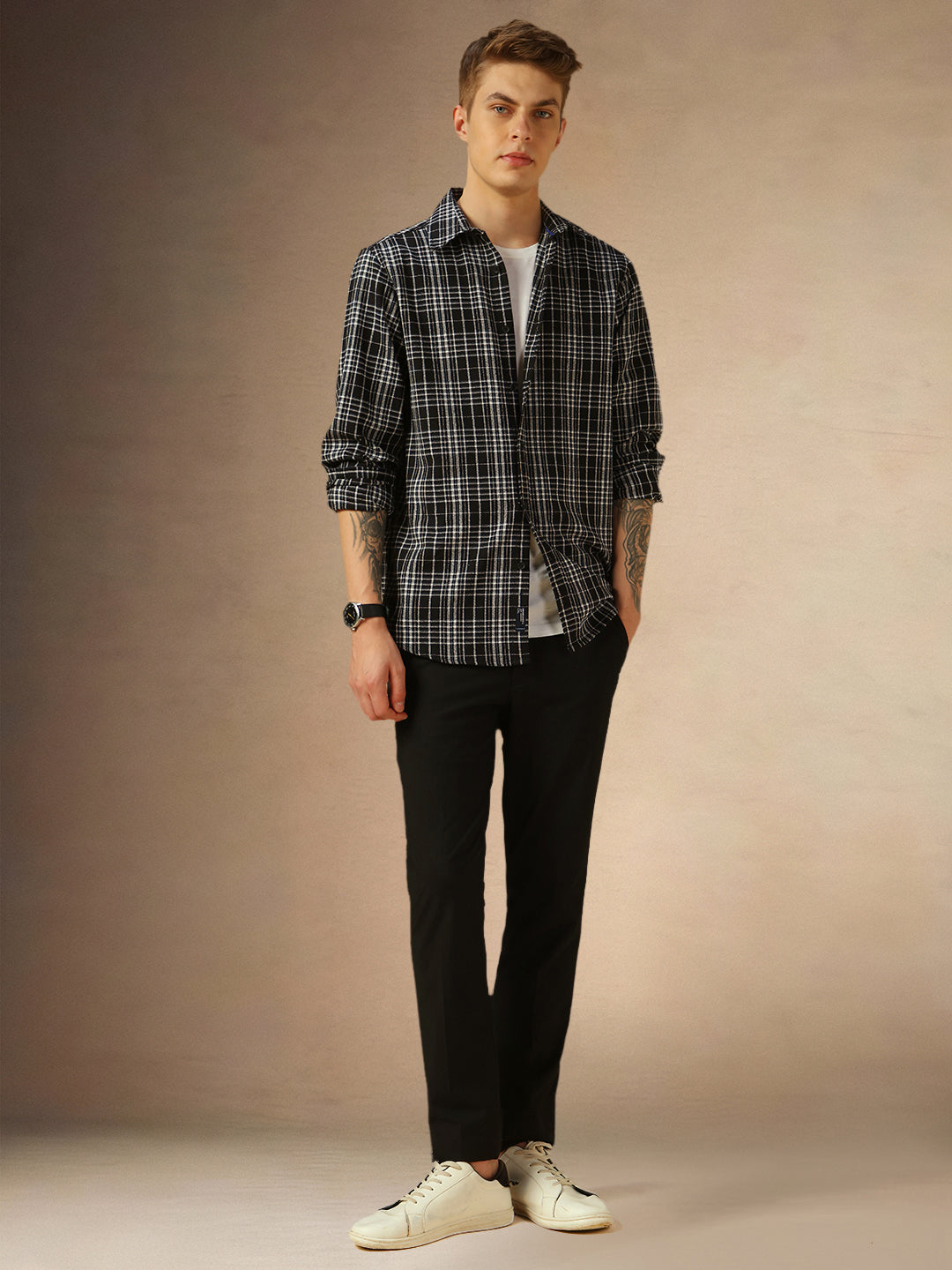 Men's Black Checks Spread Collar Full Sleeves Shirt