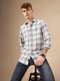 Men's White Checks Spread Collar Full Sleeves 100% Cotton Casual Shirt