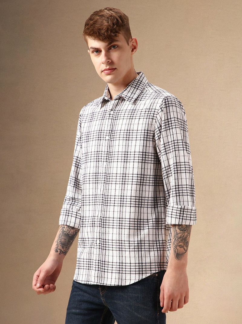 Men's White Checks Spread Collar Full Sleeves 100% Cotton Casual Shirt