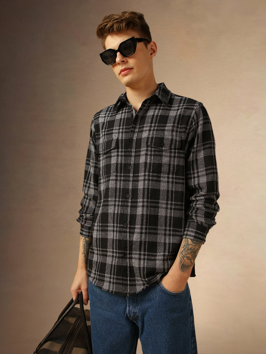 Men's Charcoal Checks Spread Collar Full Sleeves Shirt