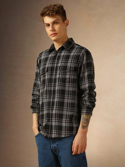 Men's Charcoal Checks Spread Collar Full Sleeves Shirt