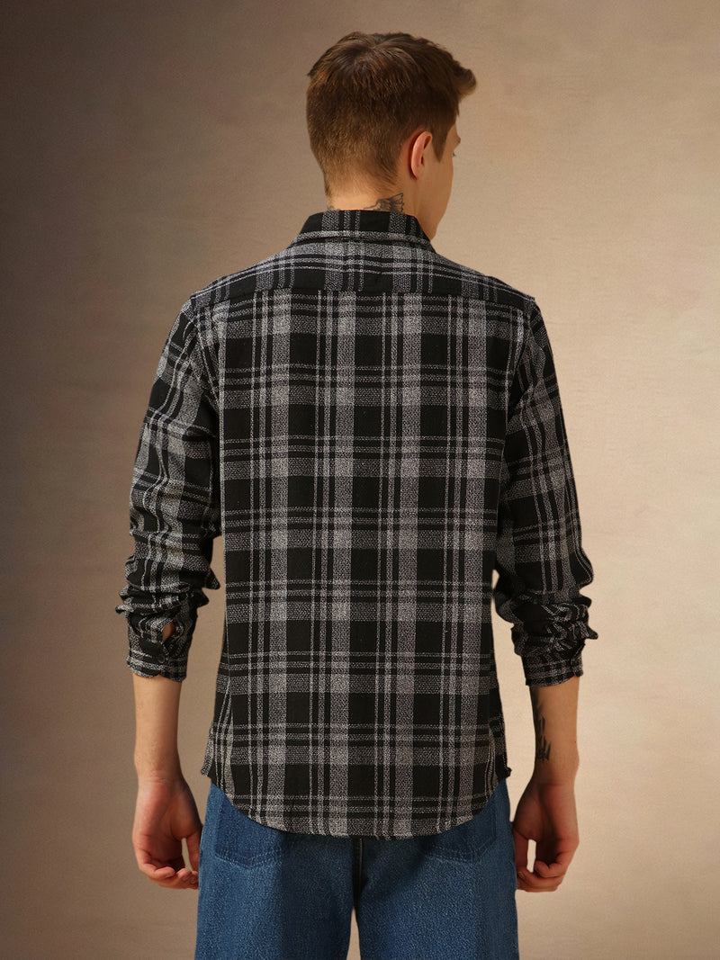 Men's Charcoal Checks Spread Collar Full Sleeves Shirt