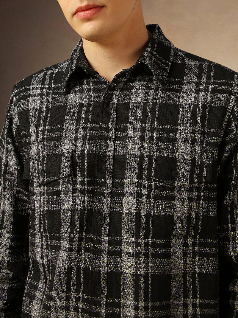 Men's Charcoal Checks Spread Collar Full Sleeves Shirt