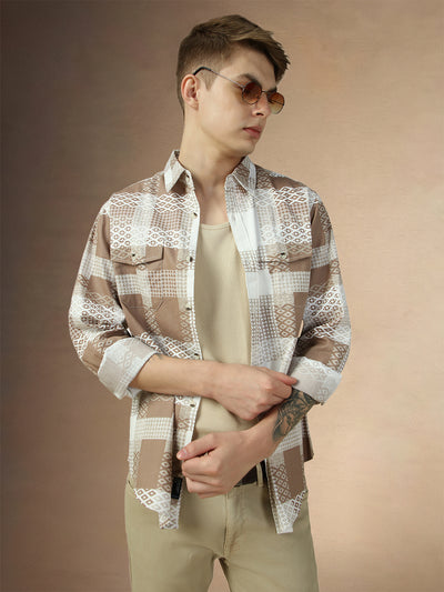 Men's Brown Checks Spread Collar Full Sleeves Regular Fit Shirt