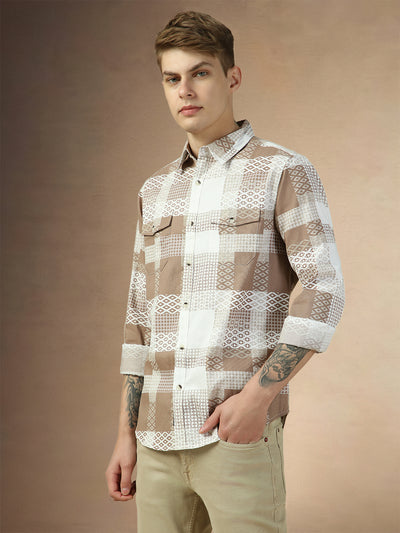 Men's Brown Checks Spread Collar Full Sleeves Regular Fit Shirt