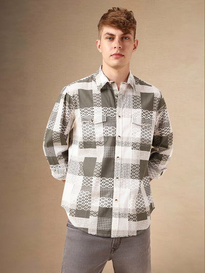 Men's Olive Checks Spread Collar Full Sleeves 100% Cotton Casual Shirt