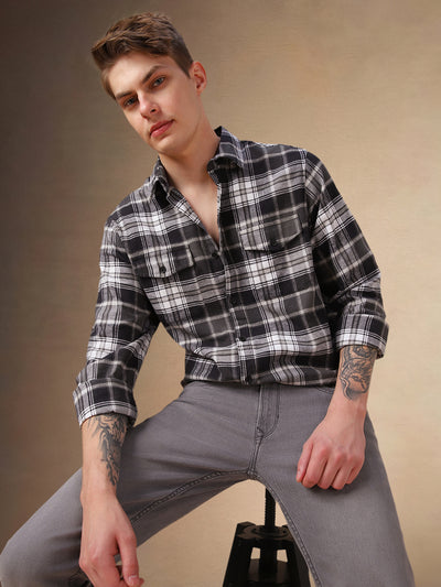 Men's Black Checks Spread Collar Full Sleeves Shirt