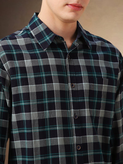 Men's Navy Blue Checks Spread Collar Full Sleeves Shirt