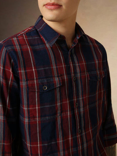 Men's Navy Blue Checks Spread Collar Full Sleeves Relaxed Fit Shirt