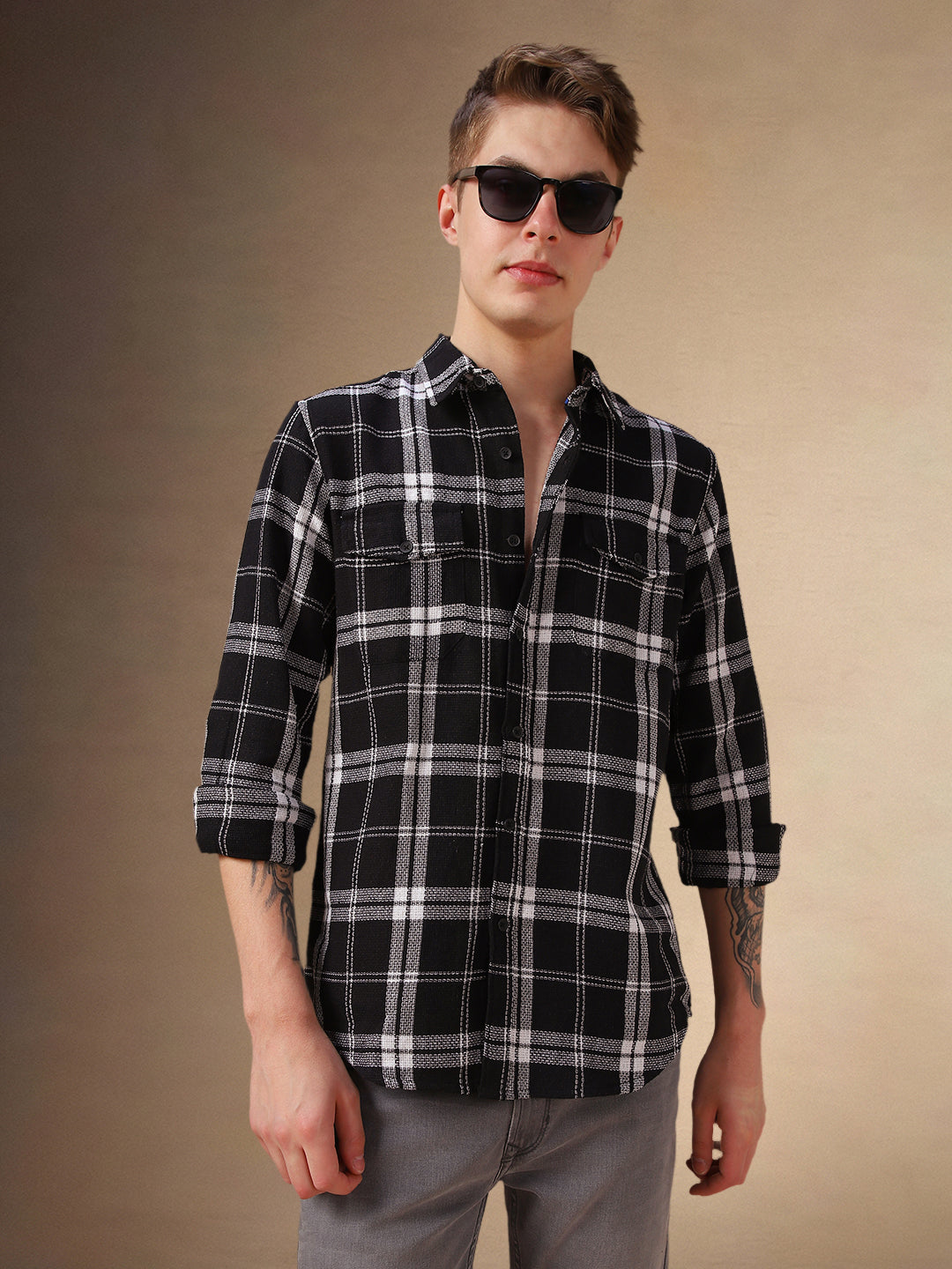 Men's Black Checks Spread Collar Full Sleeves Shirt