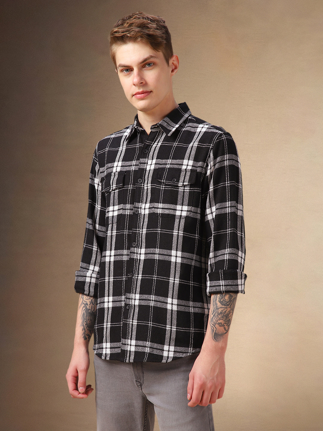 Men's Black Checks Spread Collar Full Sleeves Shirt