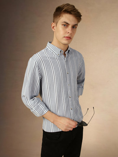 Men's Blue Striped Button Down Collar Full Sleeves Relaxed Fit Shirt