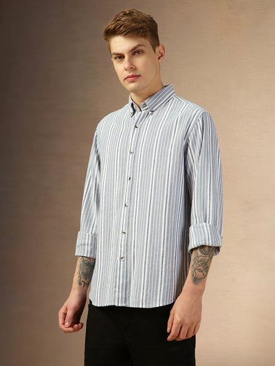 Men's Blue Striped Button Down Collar Full Sleeves Relaxed Fit Shirt