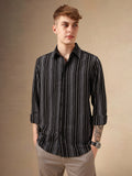 Men's Black Striped Spread Collar Full Sleeves 100% Cotton Casual Shirt