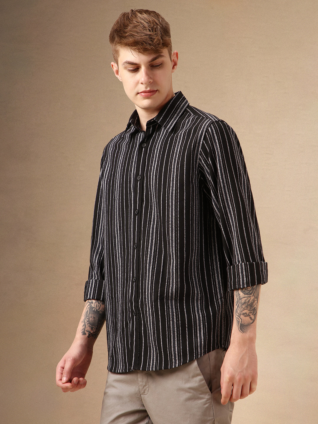 Men's Black Striped Spread Collar Full Sleeves 100% Cotton Casual Shirt