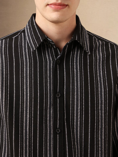 Men's Black Striped Spread Collar Full Sleeves 100% Cotton Casual Shirt