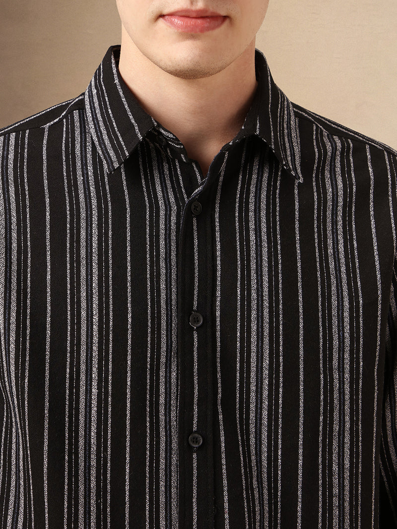 Men's Black Striped Spread Collar Full Sleeves 100% Cotton Casual Shirt