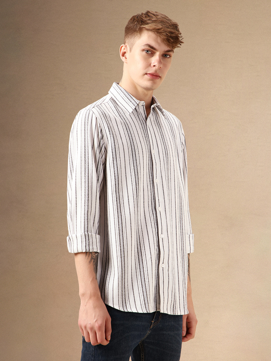 Men's White Striped Spread Collar Full Sleeves 100% Cotton Casual Shirt