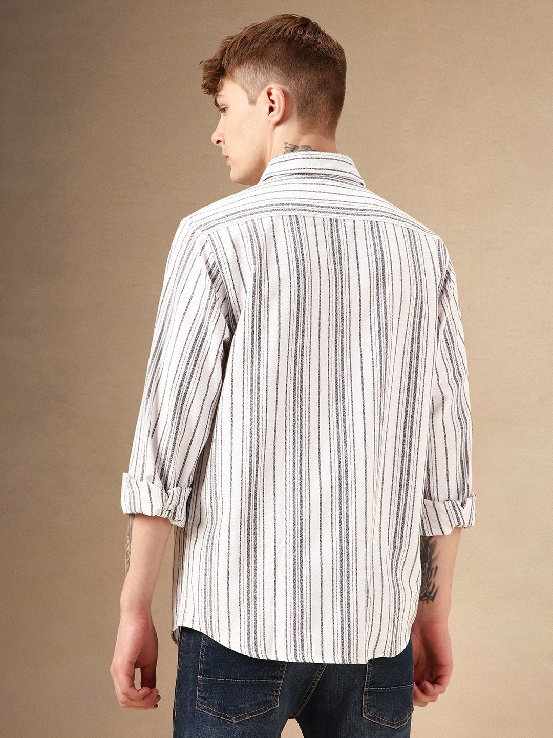 Men's White Striped Spread Collar Full Sleeves 100% Cotton Casual Shirt