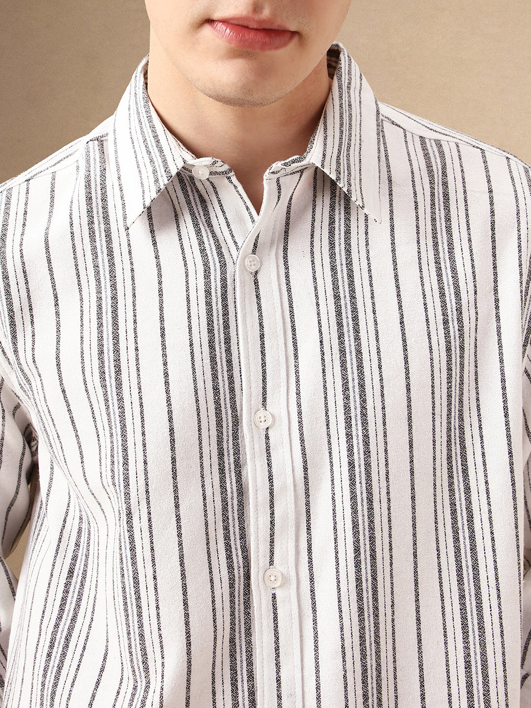 Men's White Striped Spread Collar Full Sleeves 100% Cotton Casual Shirt