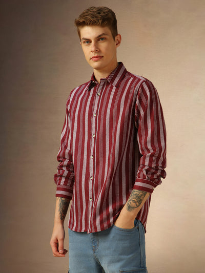 Men's Maroon Striped Spread collar Full Sleeves Shirt