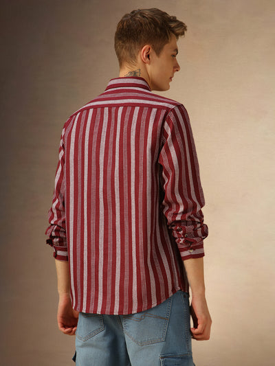 Men's Maroon Striped Spread collar Full Sleeves Shirt