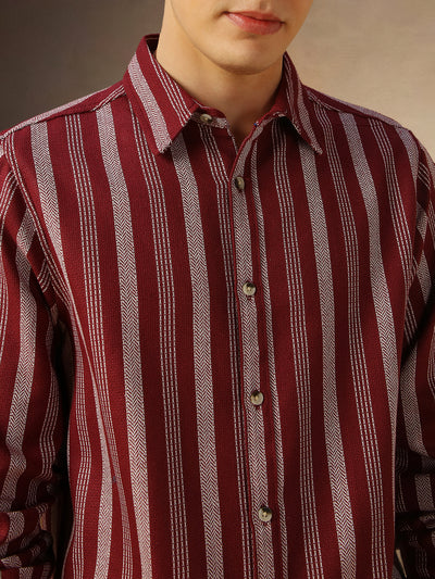 Men's Maroon Striped Spread collar Full Sleeves Shirt