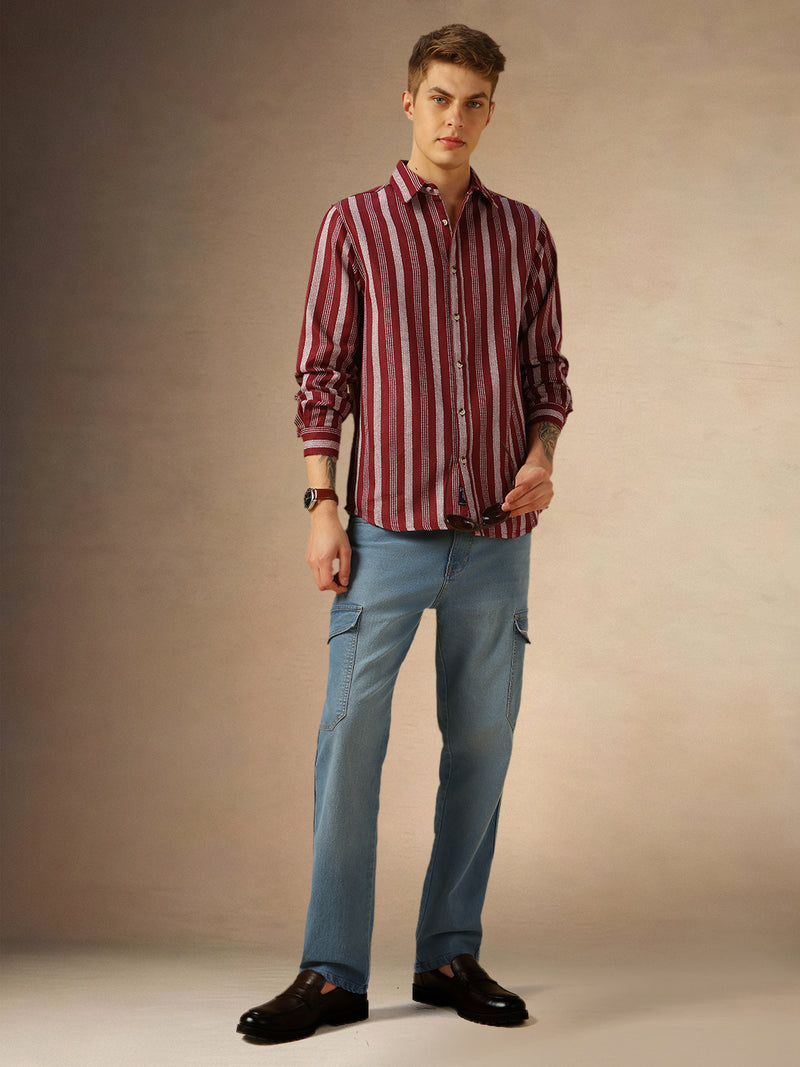 Men's Maroon Striped Spread collar Full Sleeves Shirt