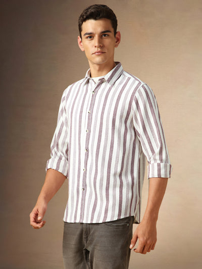 Men's Off White Striped Spread Collar Full Sleeves Casual Shirt