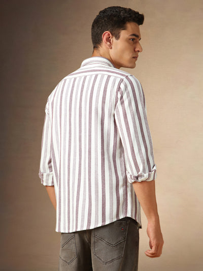 Men's Off White Striped Spread Collar Full Sleeves Casual Shirt