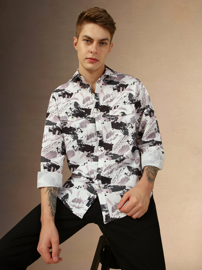 Men's Blue Printed Spread Collar Full Sleeves Relaxed Fit Shirt