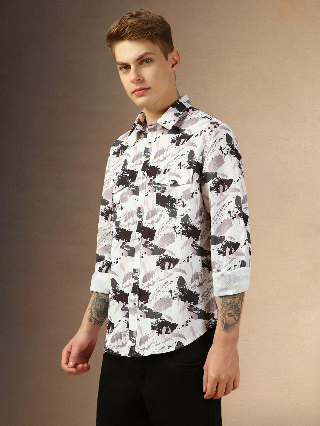 Men's Blue Printed Spread Collar Full Sleeves Relaxed Fit Shirt