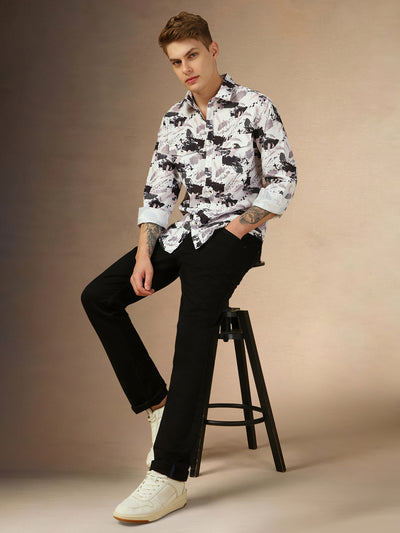 Men's Blue Printed Spread Collar Full Sleeves Relaxed Fit Shirt