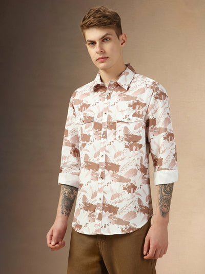 Men's Brown Printed Spread Collar Full Sleeves Relaxed Fit Shirt