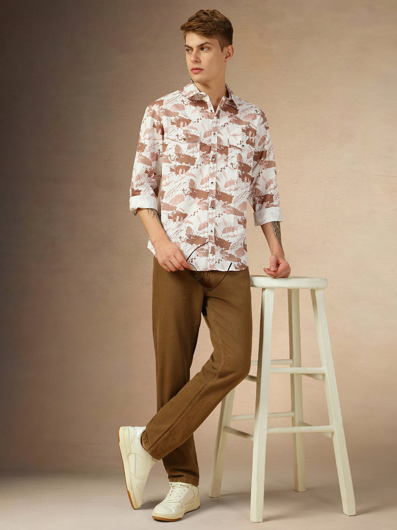 Men's Brown Printed Spread Collar Full Sleeves Relaxed Fit Shirt