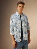 Men's Blue Tropical Print Button-Down Collar Full Sleeves Shirt