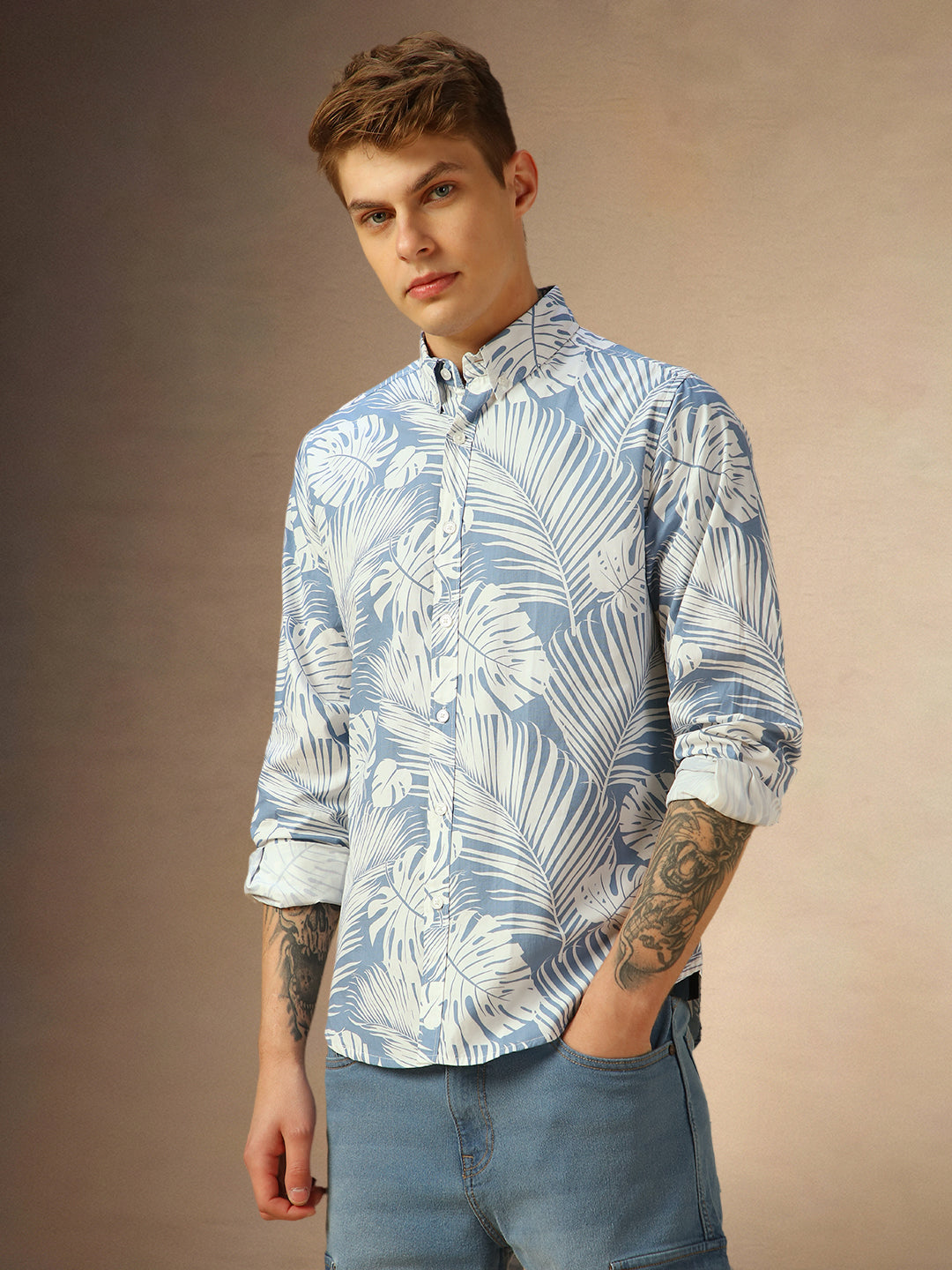 Men's Blue Tropical Print Button-Down Collar Full Sleeves Shirt