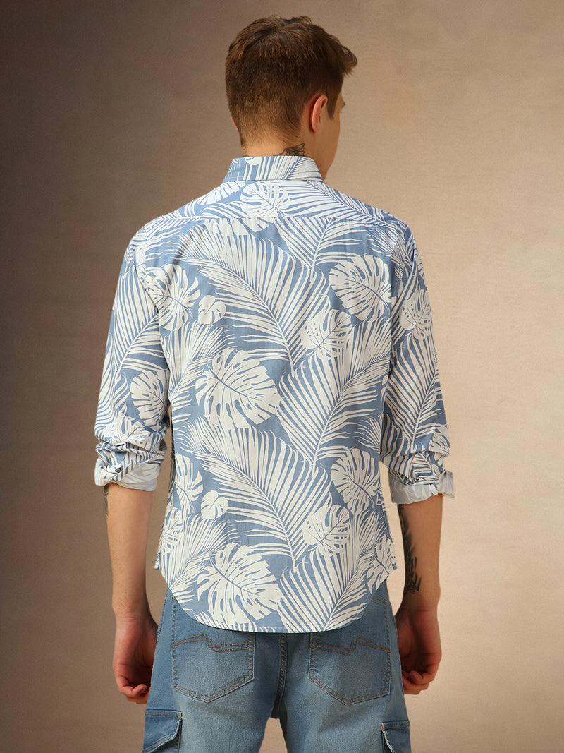 Men's Blue Tropical Print Button-Down Collar Full Sleeves Shirt