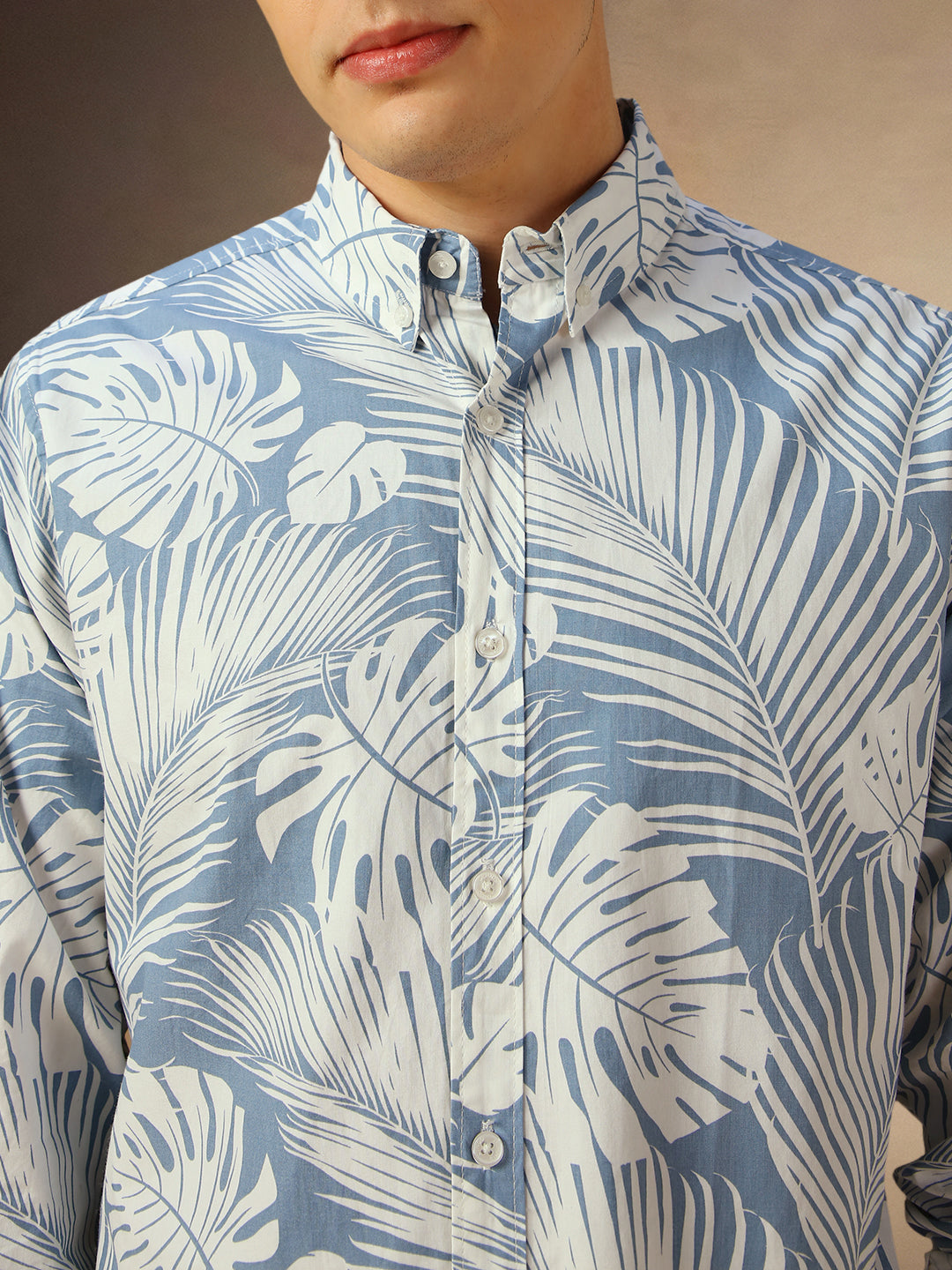 Men's Blue Tropical Print Button-Down Collar Full Sleeves Shirt