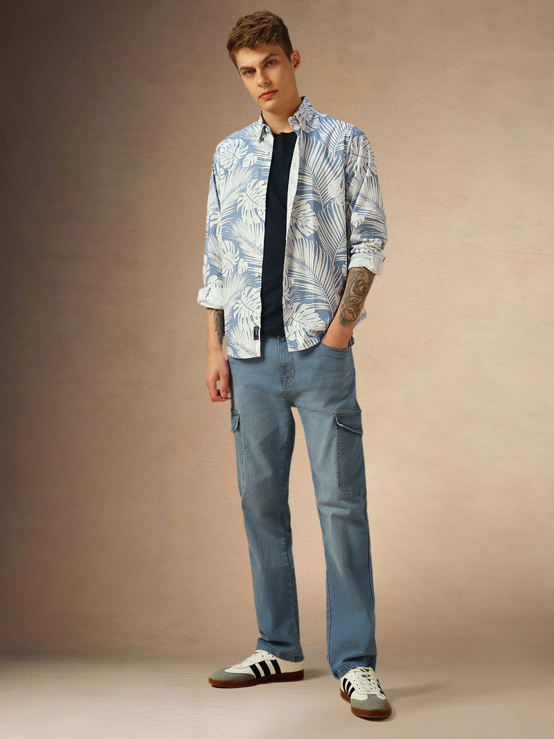 Men's Blue Tropical Print Button-Down Collar Full Sleeves Shirt