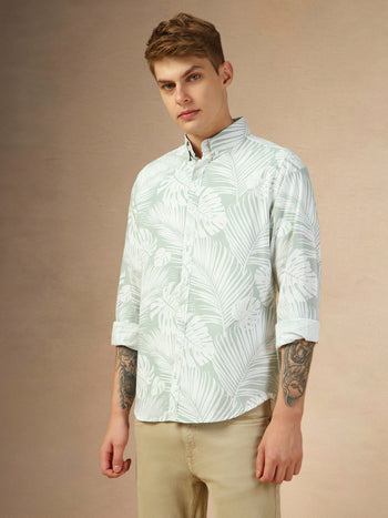 Men's Sage Green Printed Button down Collar Full Sleeves Relaxed Fit Shirt