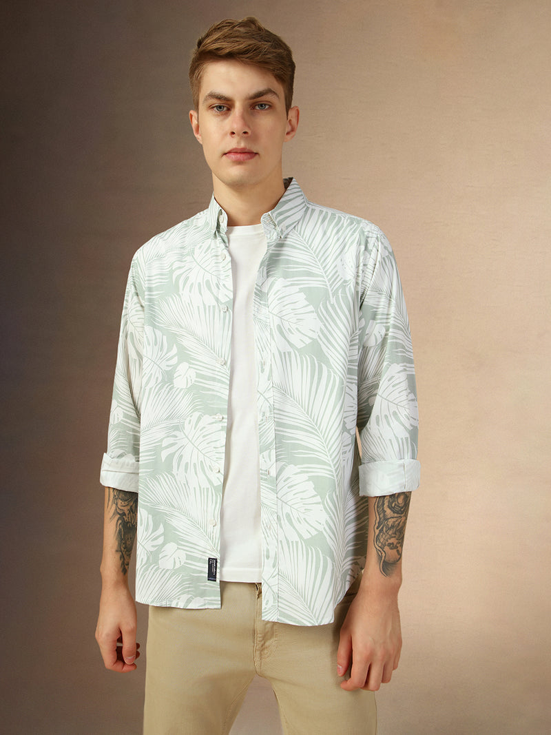 Men's Sage Green Printed Button down Collar Full Sleeves Relaxed Fit Shirt