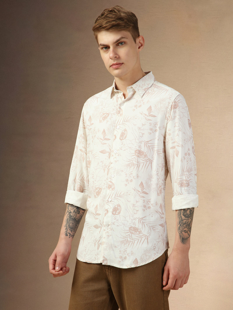 Men's Dusty Pink Printed Spread Collar Full Sleeves Relaxed Fit Shirt