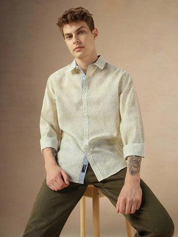 Men's Beige Cotton Spread Collar Full Sleeves Printed Shirt