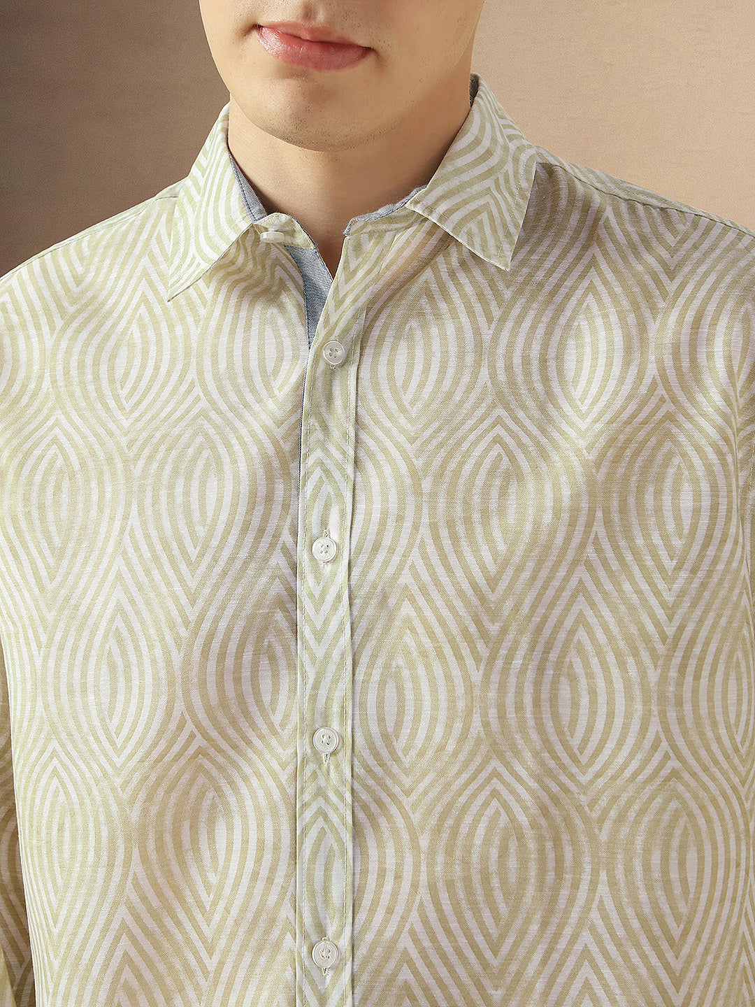 Men's Beige Cotton Spread Collar Full Sleeves Printed Shirt