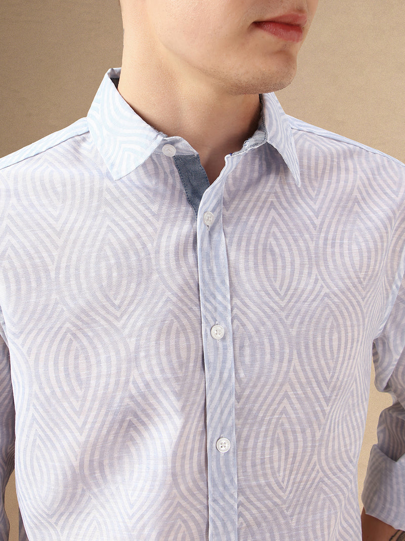 Men's Blue Printed Spread Collar Full Sleeves Cotton Casual Shirt